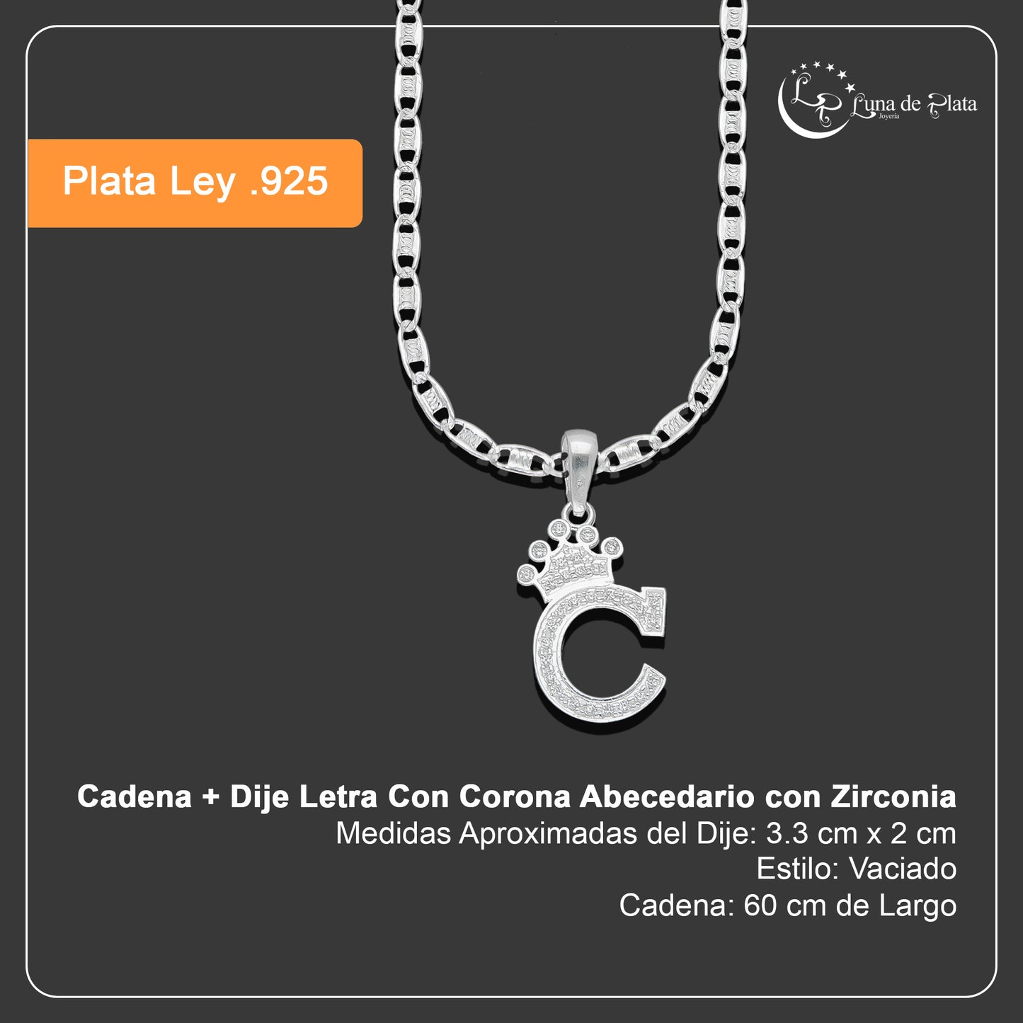 LPDP118 Cadena + Dije Letra Con Corona Abecedario con Zirconia en Plata .925 Taxco Gro
