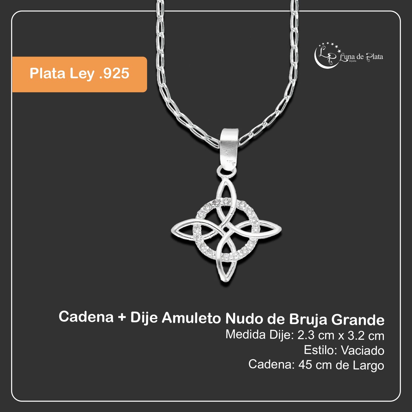 LPDP121 Cadena + Dije Amuleto Nudo de Bruja Grande en Plata .925 Taxco Gro