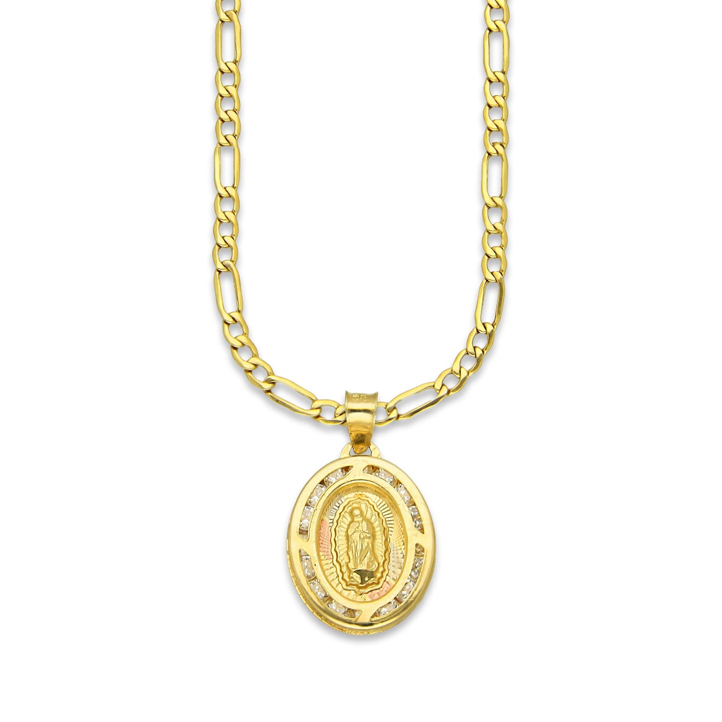 LPDPAU010 Cadena Oro Sólido 10K + Dije Medalla Oro Sólido 10K Virgen Oval con Zirconias Radial Florentino 1.2 cm x 2.1 cm