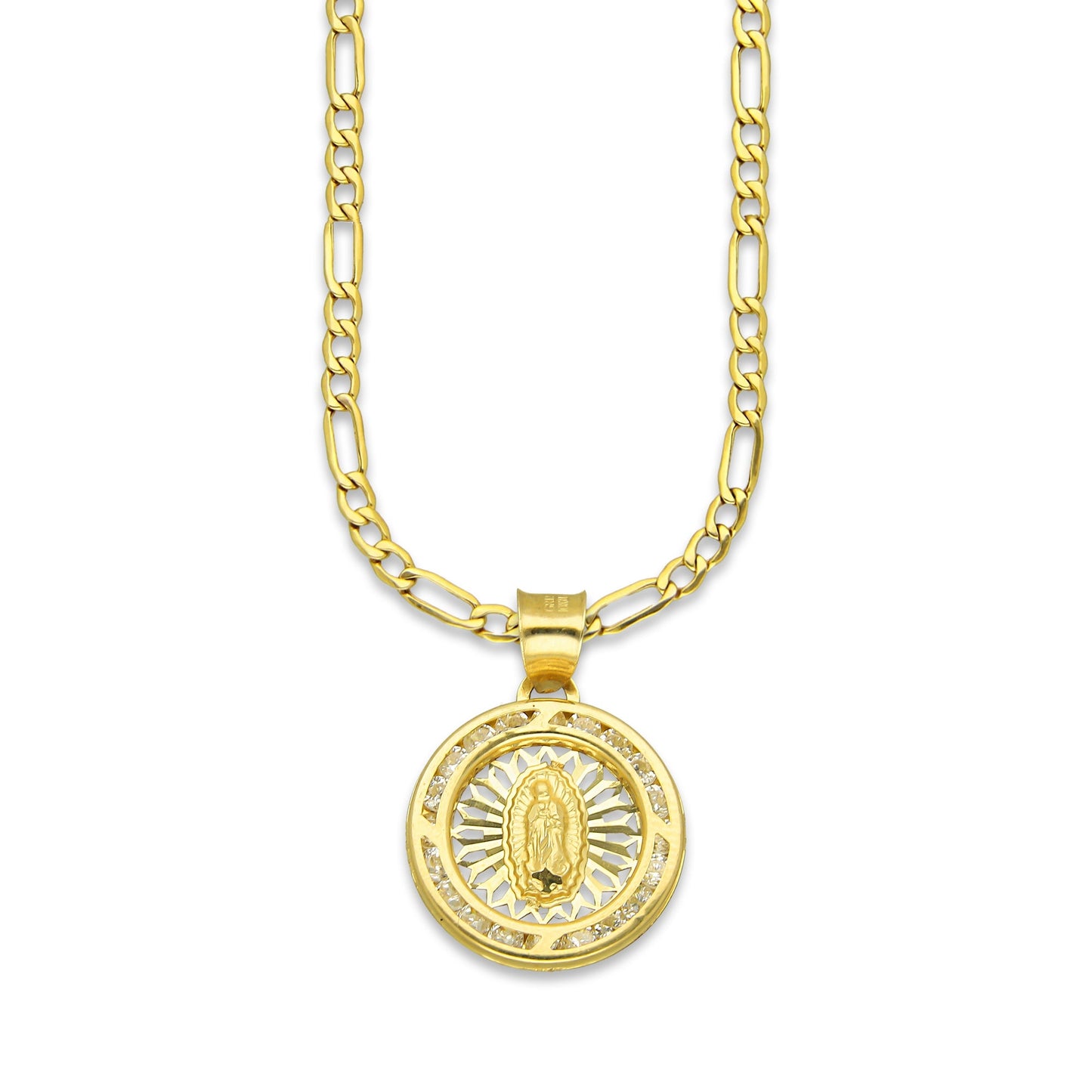 LPDPAU011 Cadena Oro Sólido 10K + Dije Medalla Oro Sólido 10K Virgen Redonda con Zirconias Radial Calado Amarillo 1.6 cm x 2.2 cm