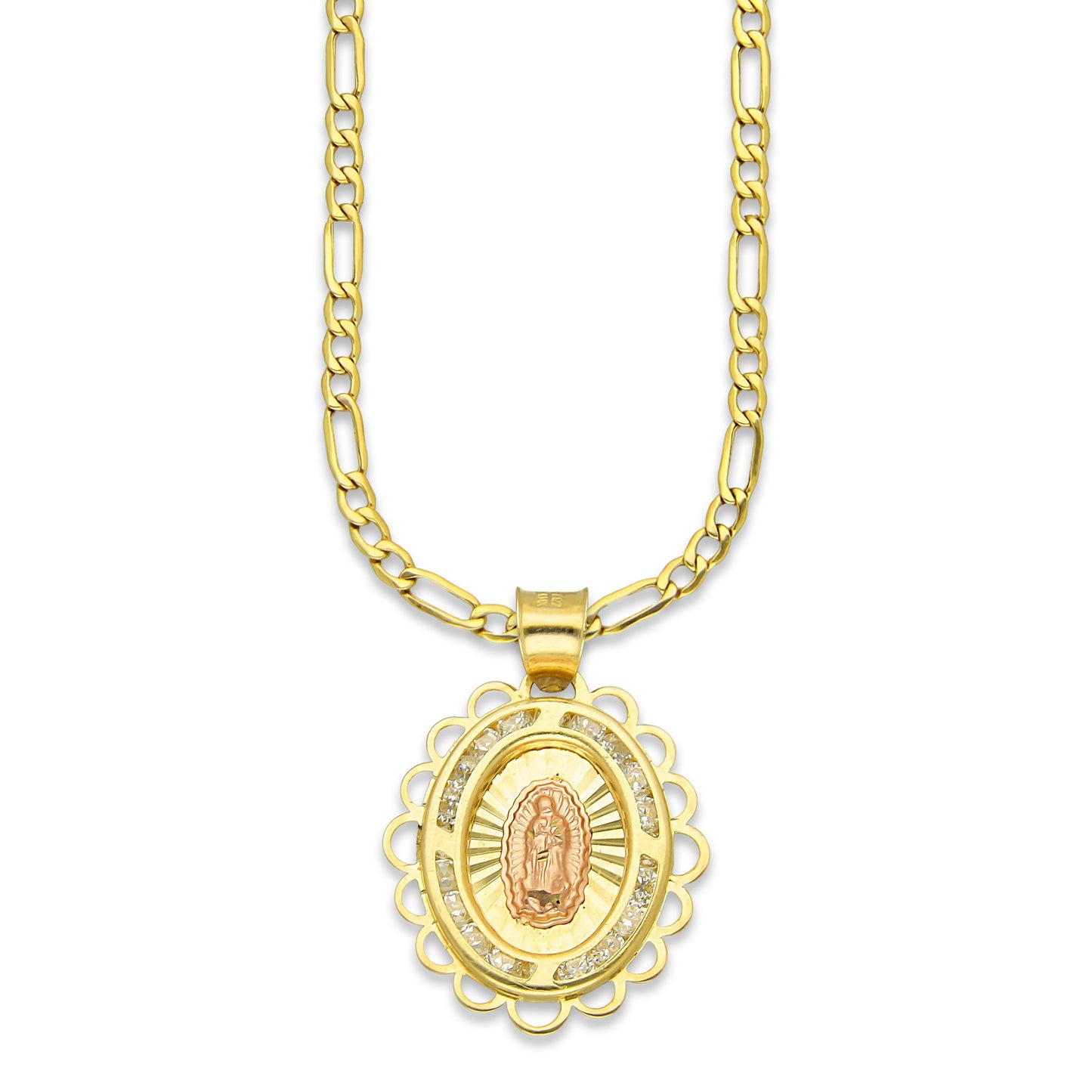 LPDPAU014 Cadena Oro Sólido 10K + Dije Medalla Oro Sólido 10K Virgen Oval con Zirconias Olan Cobriso 1.8 cm x 2.6 cm