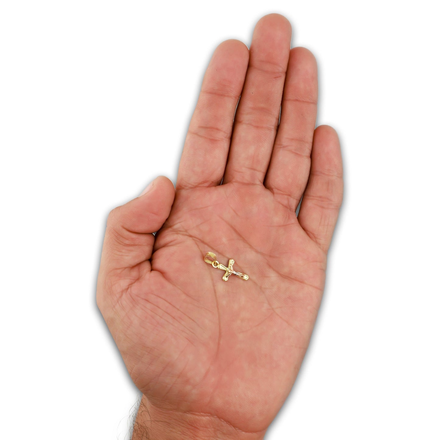 LPEDJ021 Dije Troquelado Oro Sólido 14K Florentino Mini Crucifijo Slim 1 cm x 2.2. cm