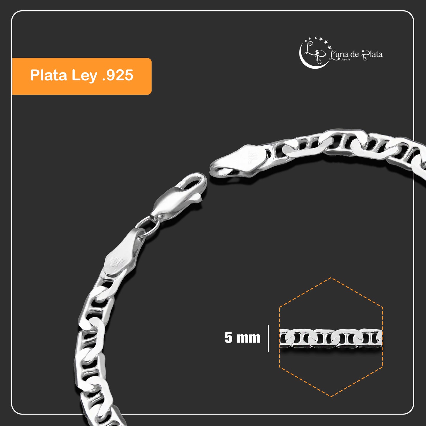 LPPC031 Pulsera Gussi 5 mm x 20 cm Plata Ley .925 Taxco Gro 1369974180