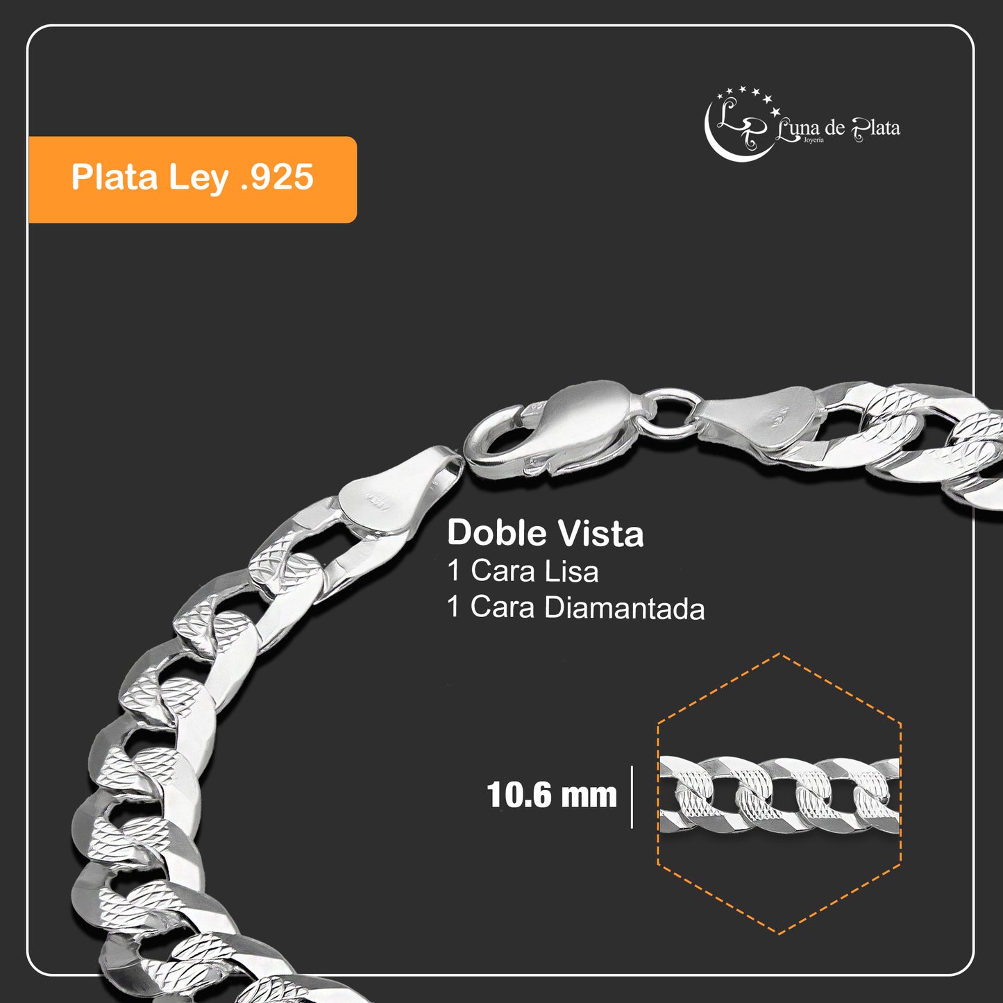 LPPC056 Pulsera Cubana Ame 10.6 mm x 22 cm en Plata Ley .925 1506206844