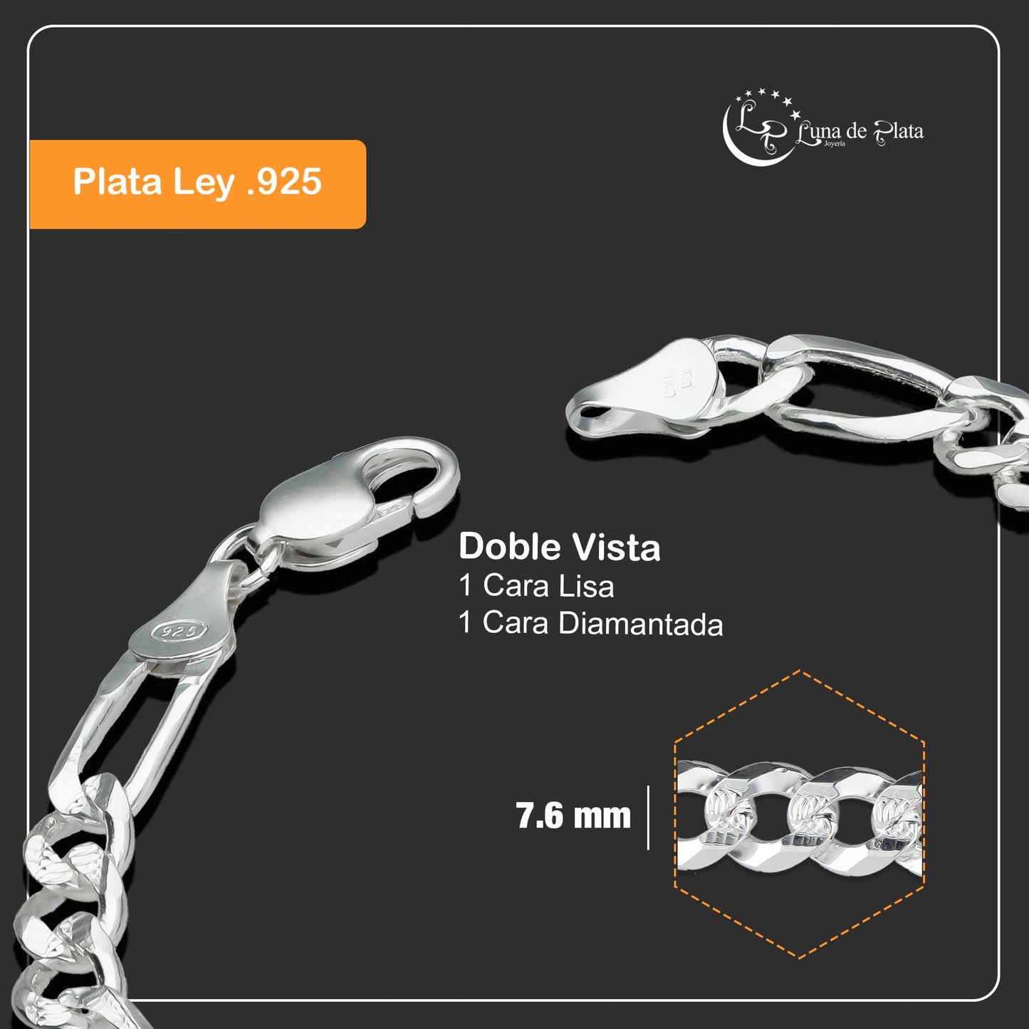 LPPC064 Esclava Mod Figaro 3X1 7.6 mm x 22 cm en Plata Ley .925 1511521151
