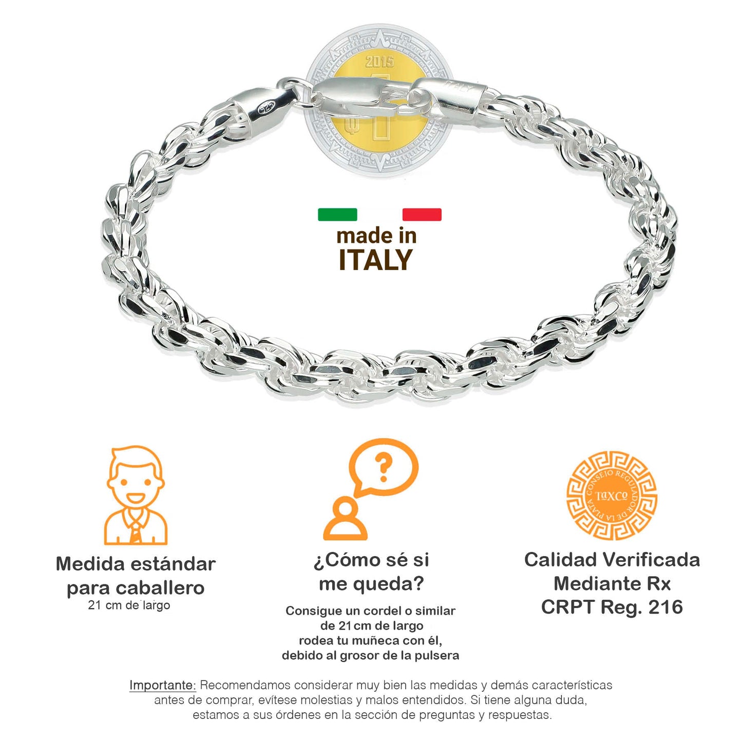 LPPC080 Pulsera Torsal Diamantada 5 mm x 21 cm en Plata .925 Taxco Gro 2750008562