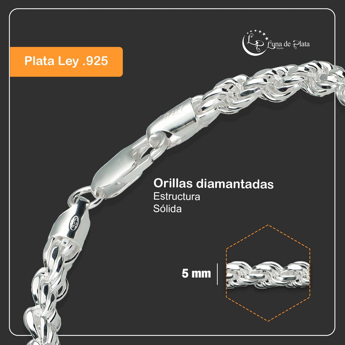 LPPC080 Pulsera Torsal Diamantada 5 mm x 21 cm en Plata .925 Taxco Gro 2750008562