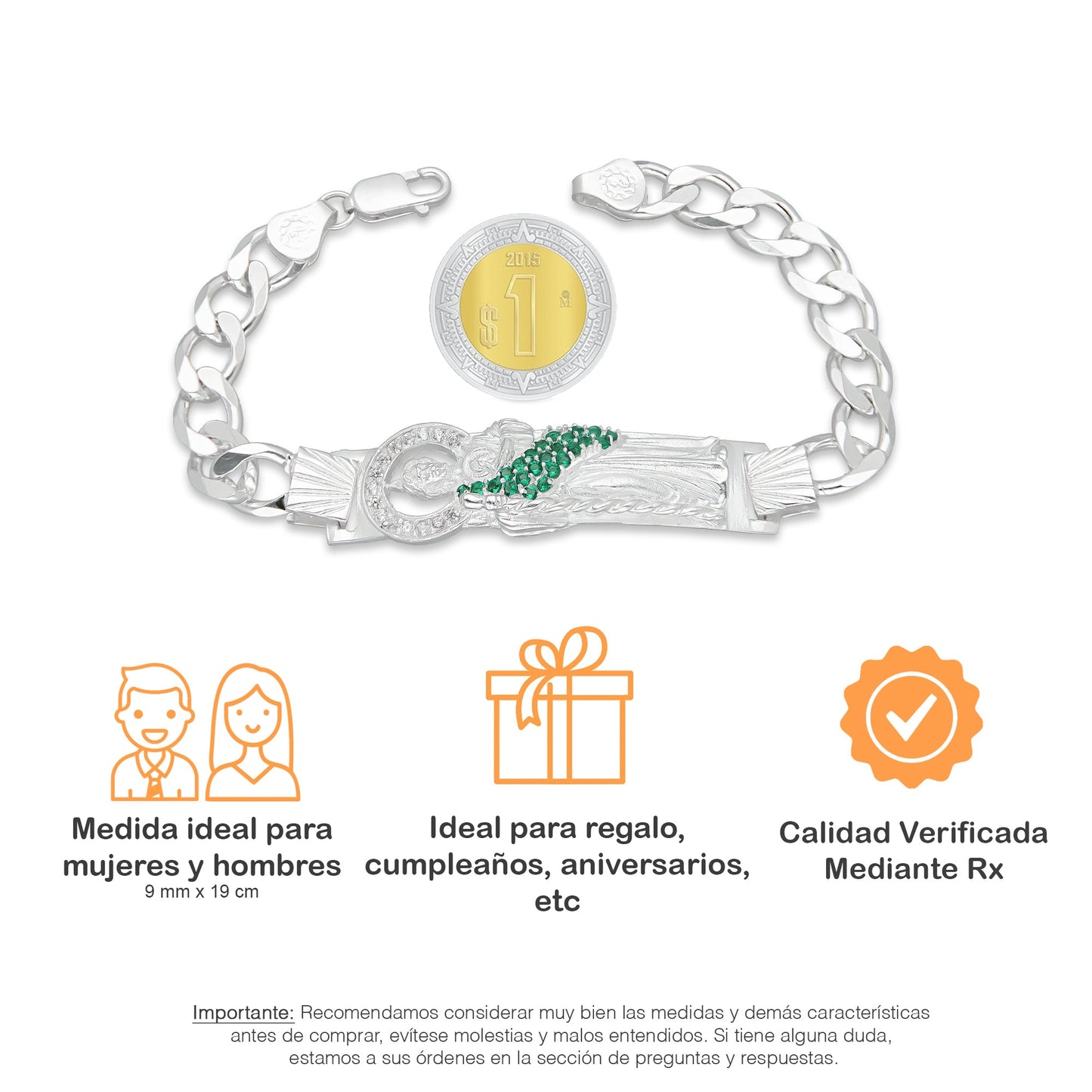 LPPC088-19 Pulsera Esclava San Judas Con Eslabones Cubano Americano 9 mm x 19 cm en Plata .925