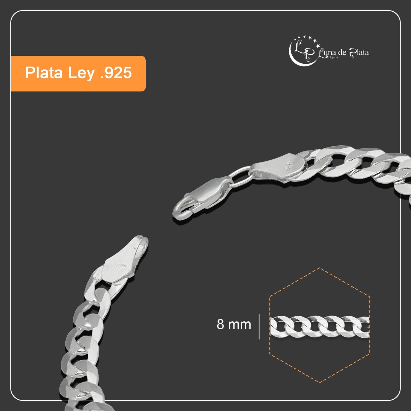 LPPC095 Pulsera Esclava Cubana Americana Lisa 8 mm x 22 cm en Plata .925