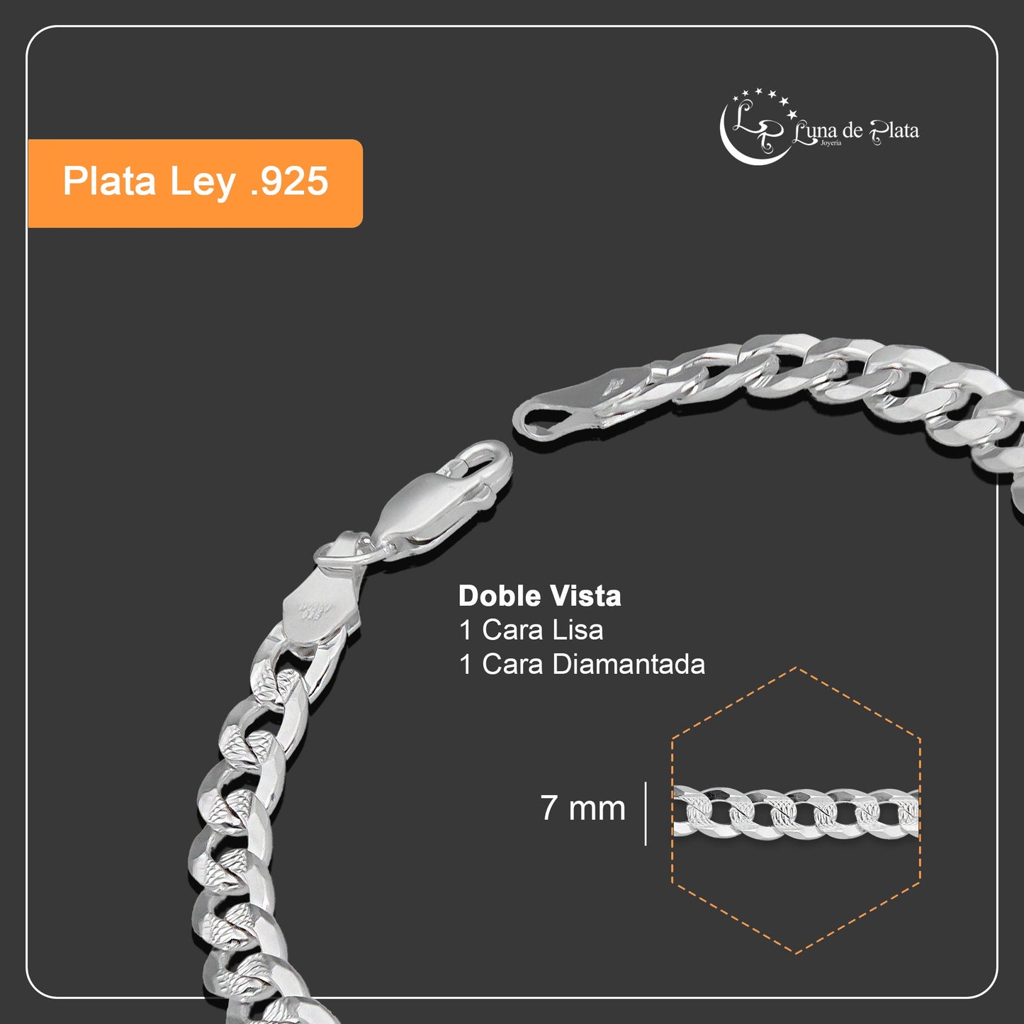 LPPC096 Pulsera Esclava Cubana Americana Diamantada 7 mm x 21.5 cm en Plata .925