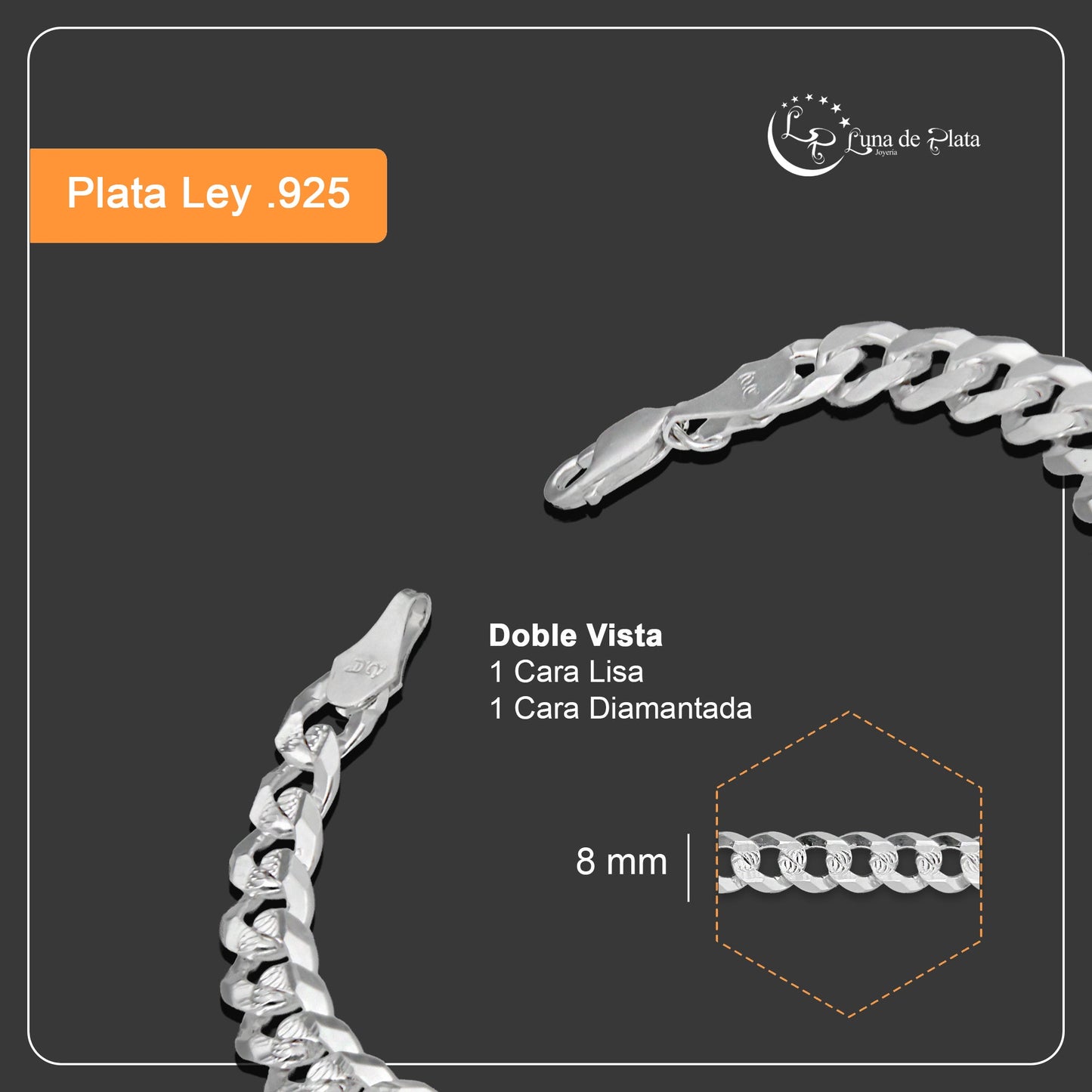 LPPC097 Pulsera Esclava Cubana Americana Diamantada 8 mm x 22 cm en Plata .925