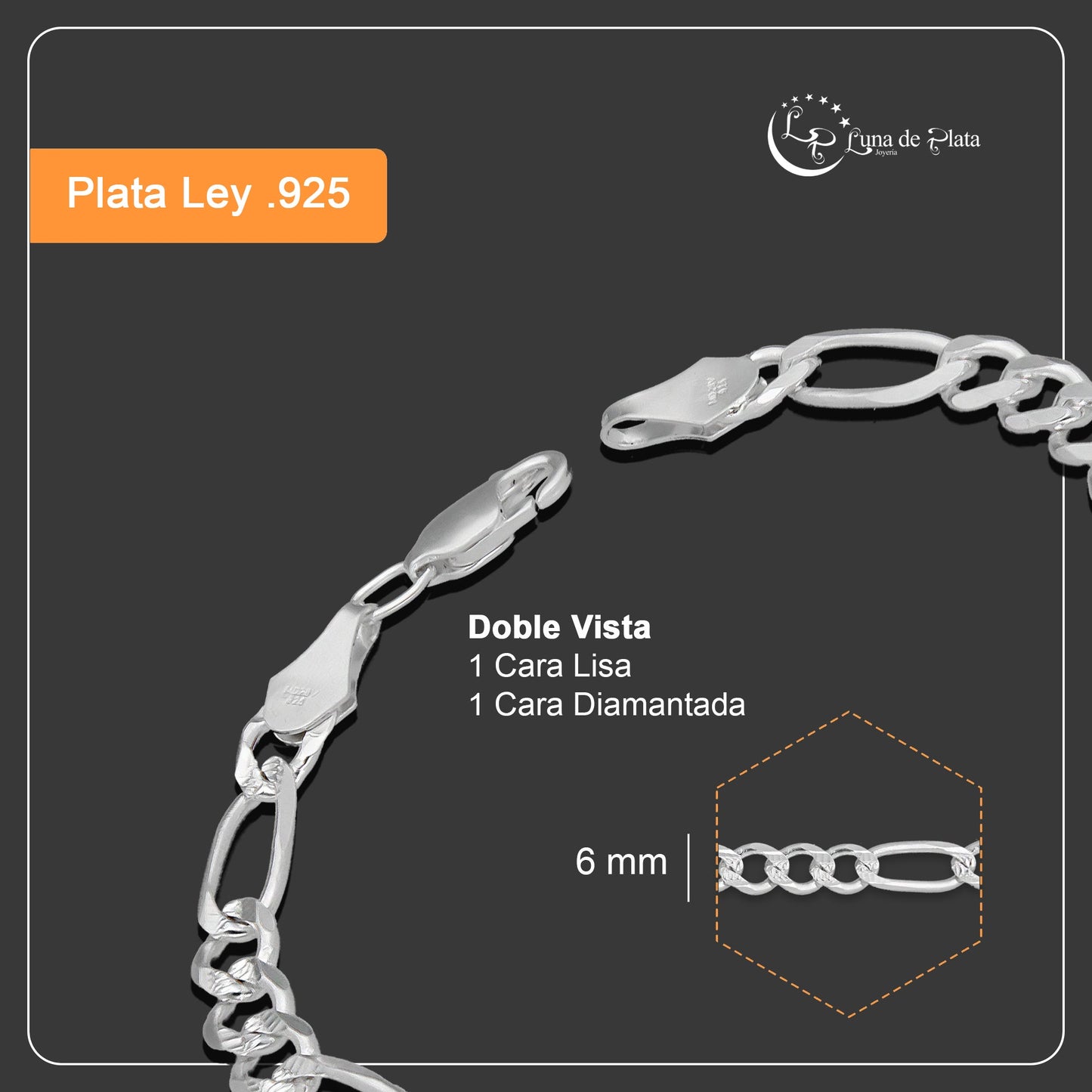LPPC099 Pulsera Esclava Cubana Ame Diamantada 3*1 6 mm x 20 cm en Plata .925