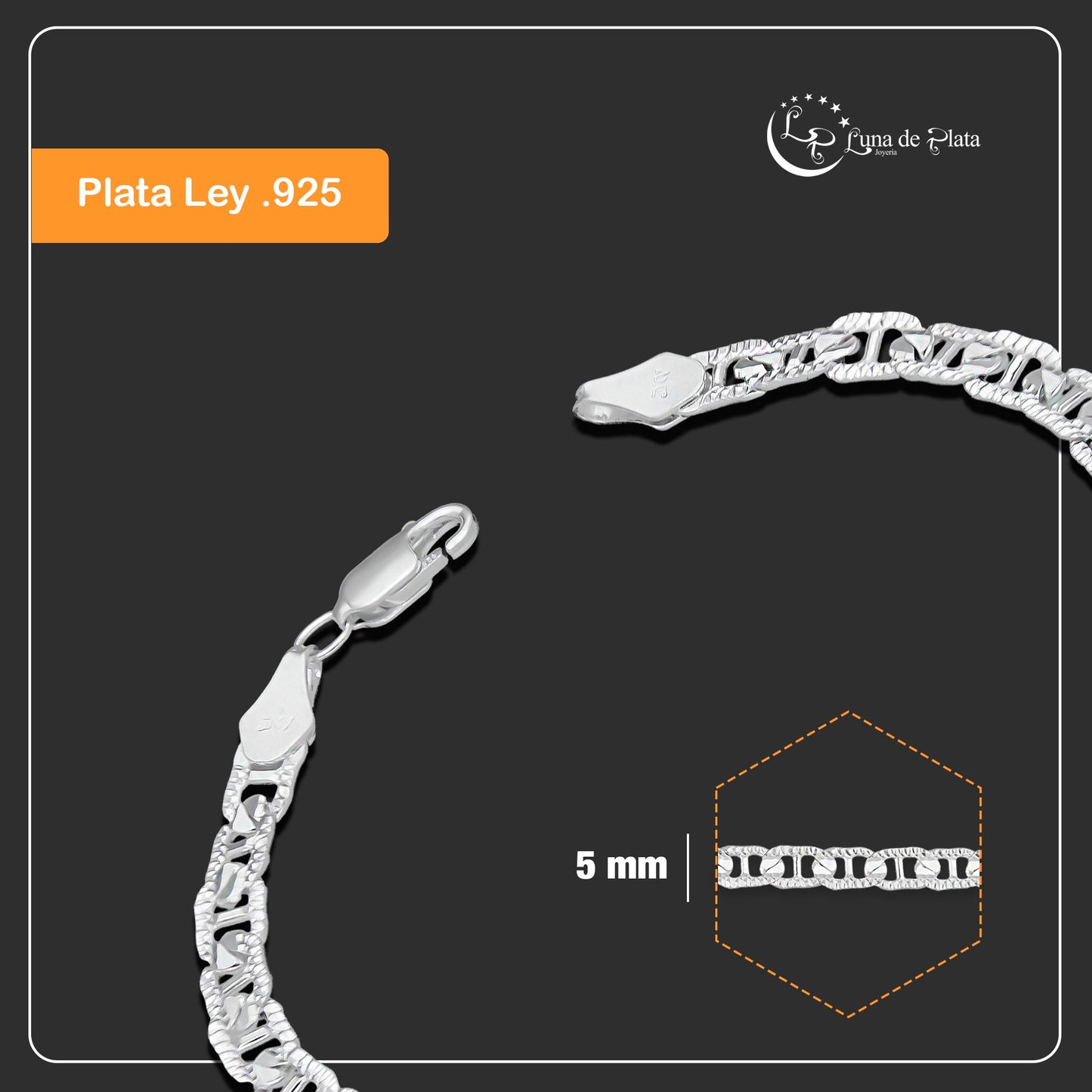 LPPC104 Pulsera Esclava Gusi Diamantada Text 5 mm x 19 cm en Plata .925