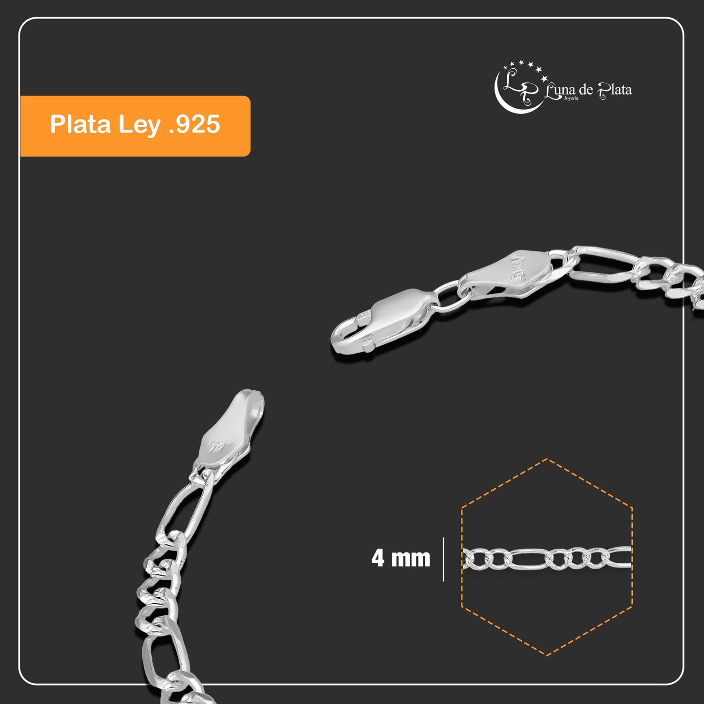 LPPC105 Pulsera Esclava Fígaro 3*1 Diamantada 4 mm x 19 cm en Plata .925