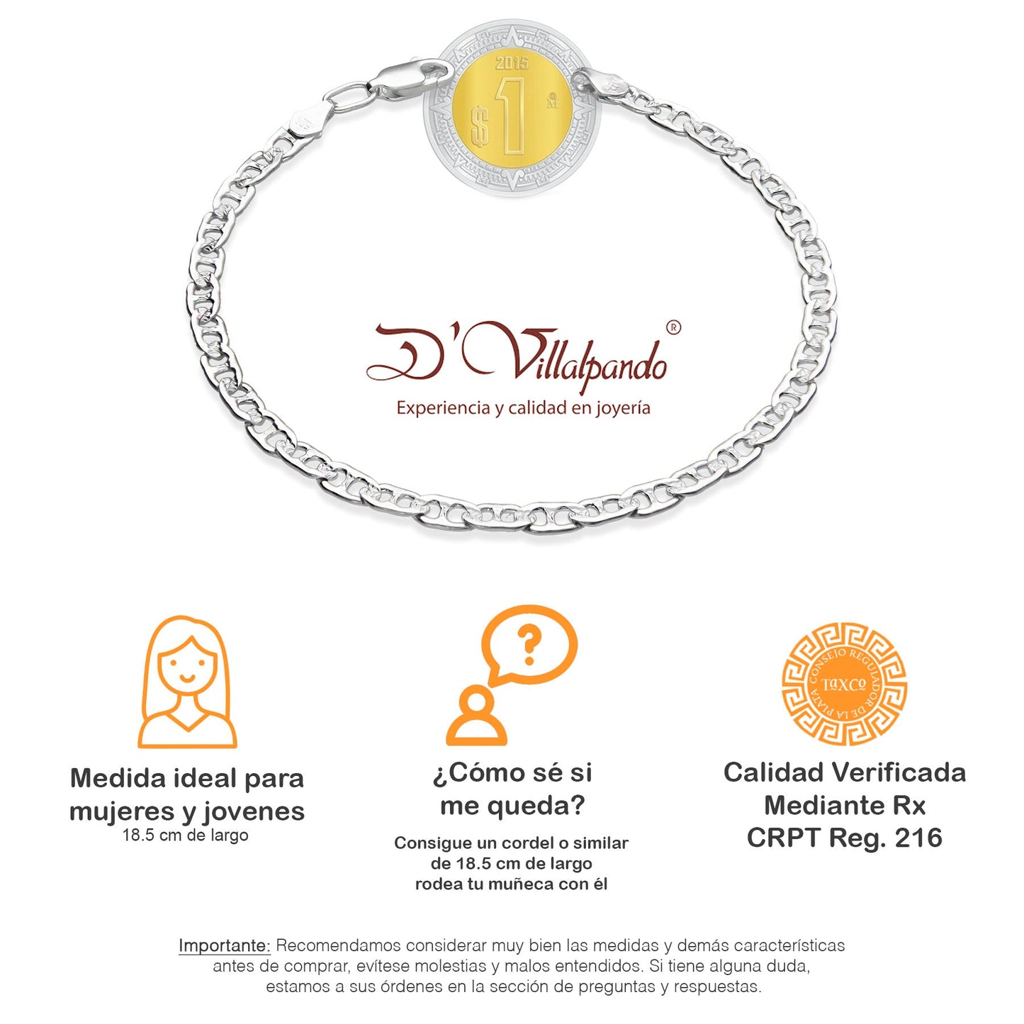 LPPD032 Pulsera Gusi 3.7 mm x 18.5 cm en Plata Ley .925 1500917547