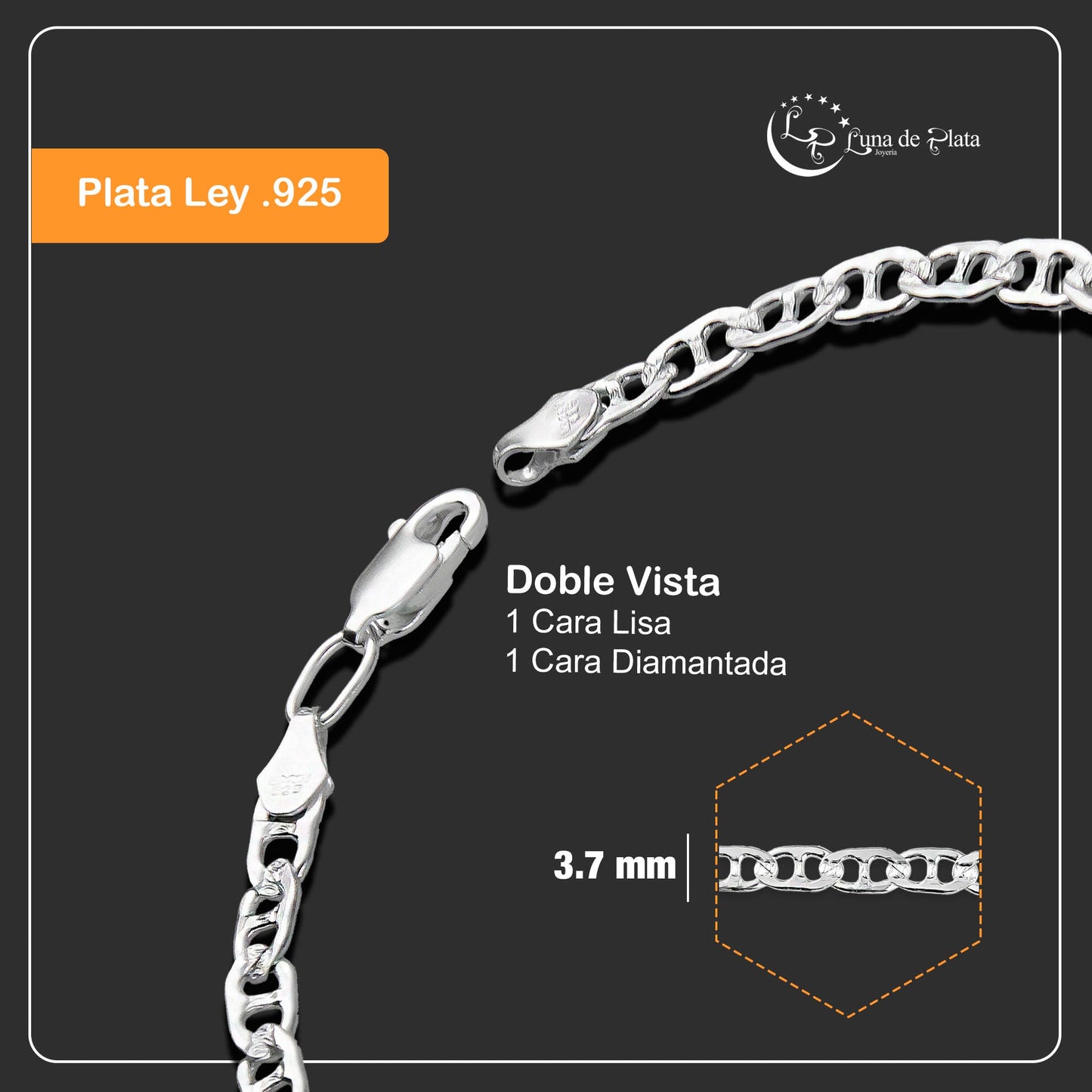LPPD032 Pulsera Gusi 3.7 mm x 18.5 cm en Plata Ley .925 1500917547