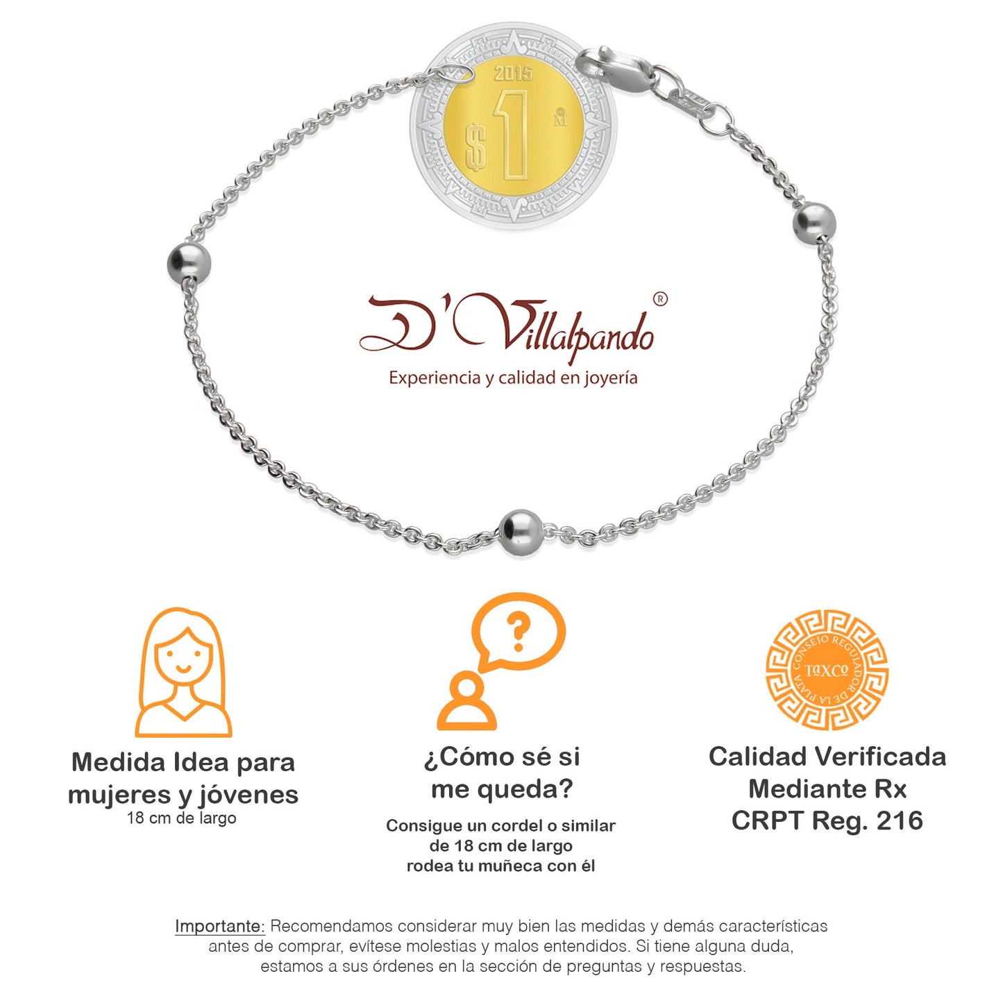LPPD052 Pulsera Viviana 3 Bolitas 1.5 mm x 18 cm en Plata Ley .925 1532136254