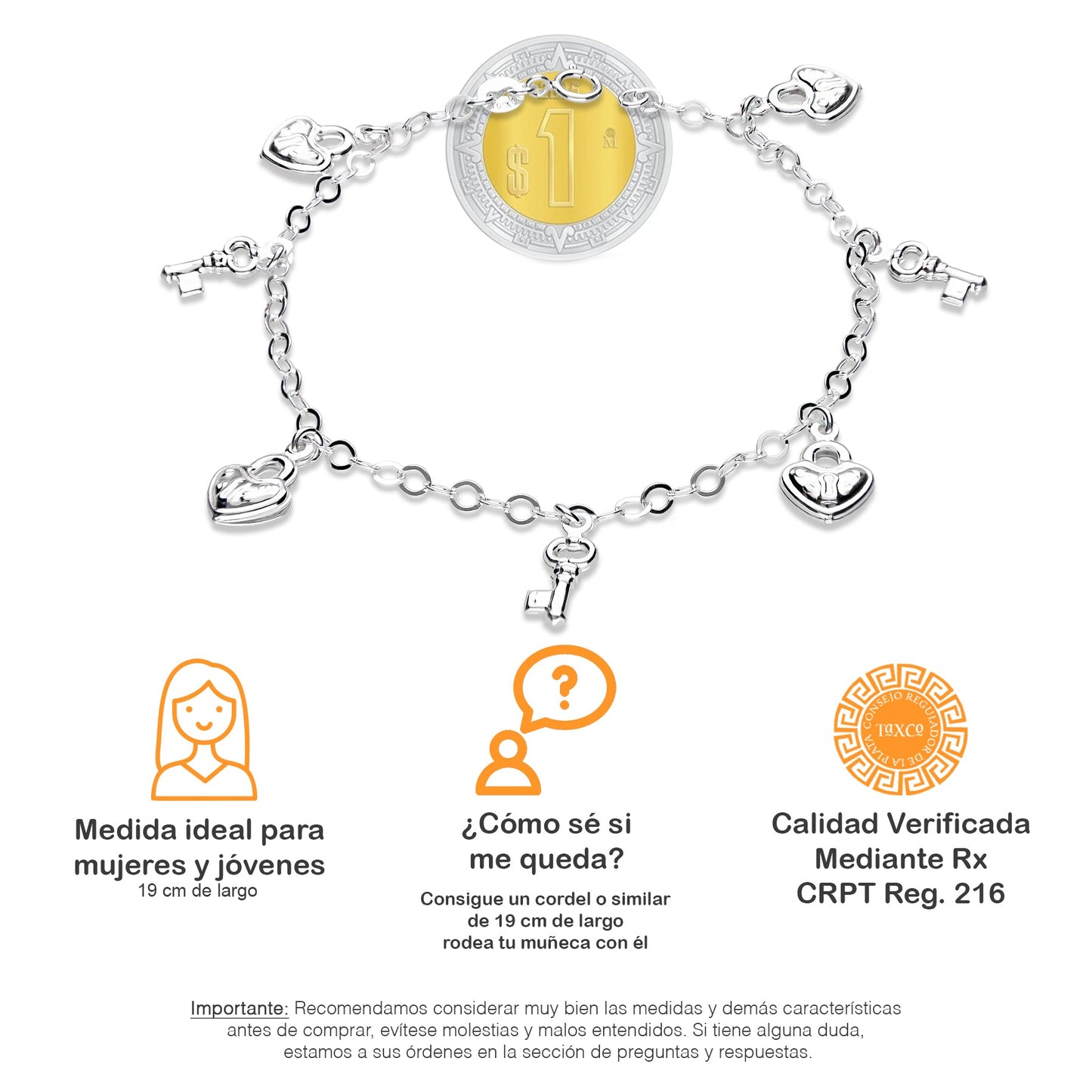 LPPD088 Pulsera Colgantes Llave y Corazón 3D en Plata Ley .925 2962301320