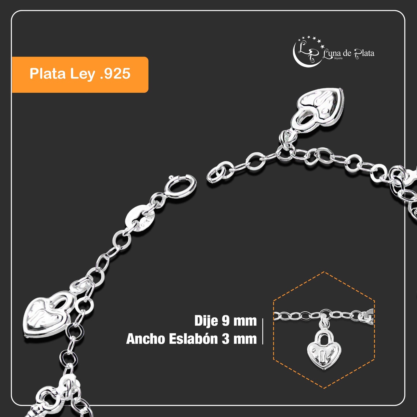 LPPD088 Pulsera Colgantes Llave y Corazón 3D en Plata Ley .925 2962301320