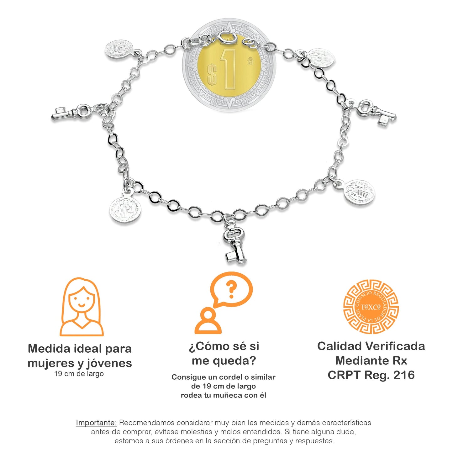LPPD090 Pulsera Dijes Medalla y Llave 3D San Benito Plata Ley .925 2962274666