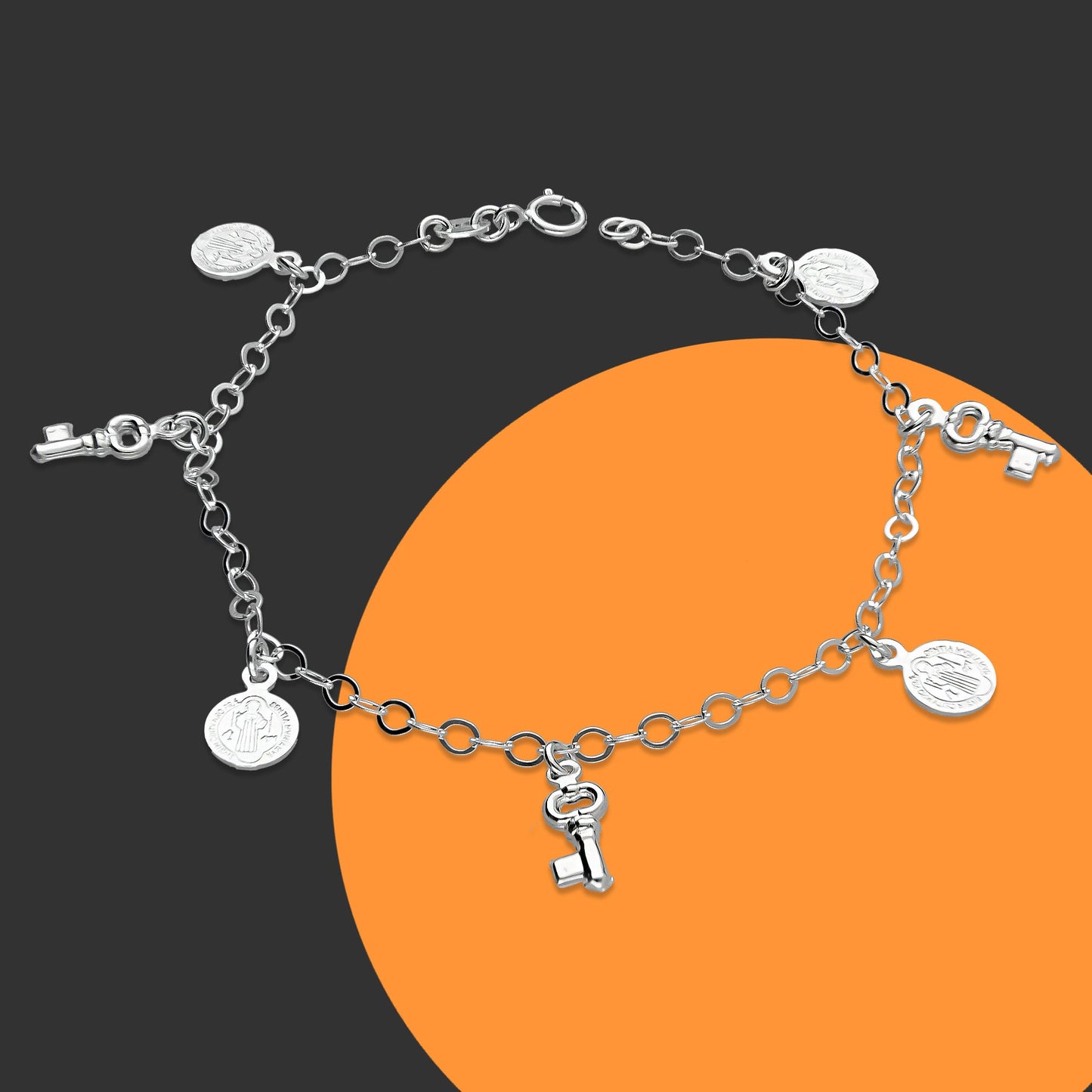 LPPD090 Pulsera Dijes Medalla y Llave 3D San Benito Plata Ley .925 2962274666