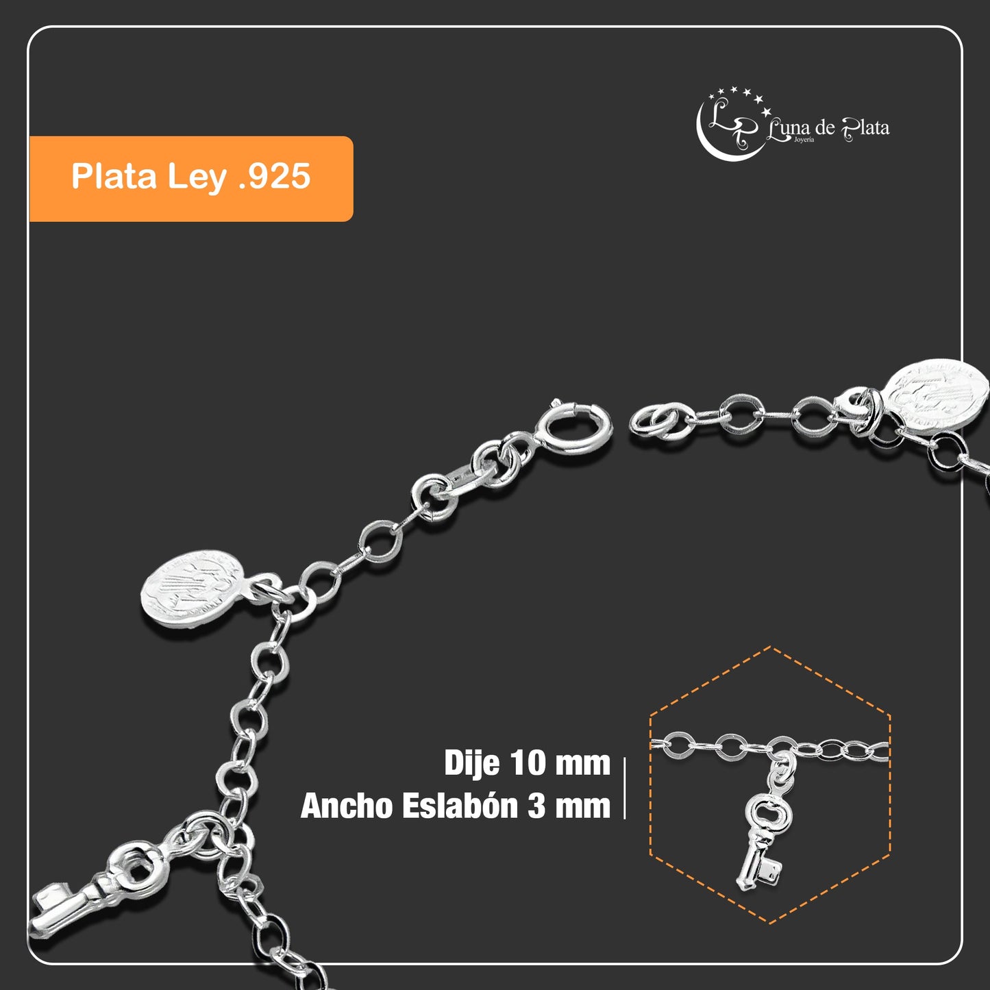 LPPD090 Pulsera Dijes Medalla y Llave 3D San Benito Plata Ley .925 2962274666