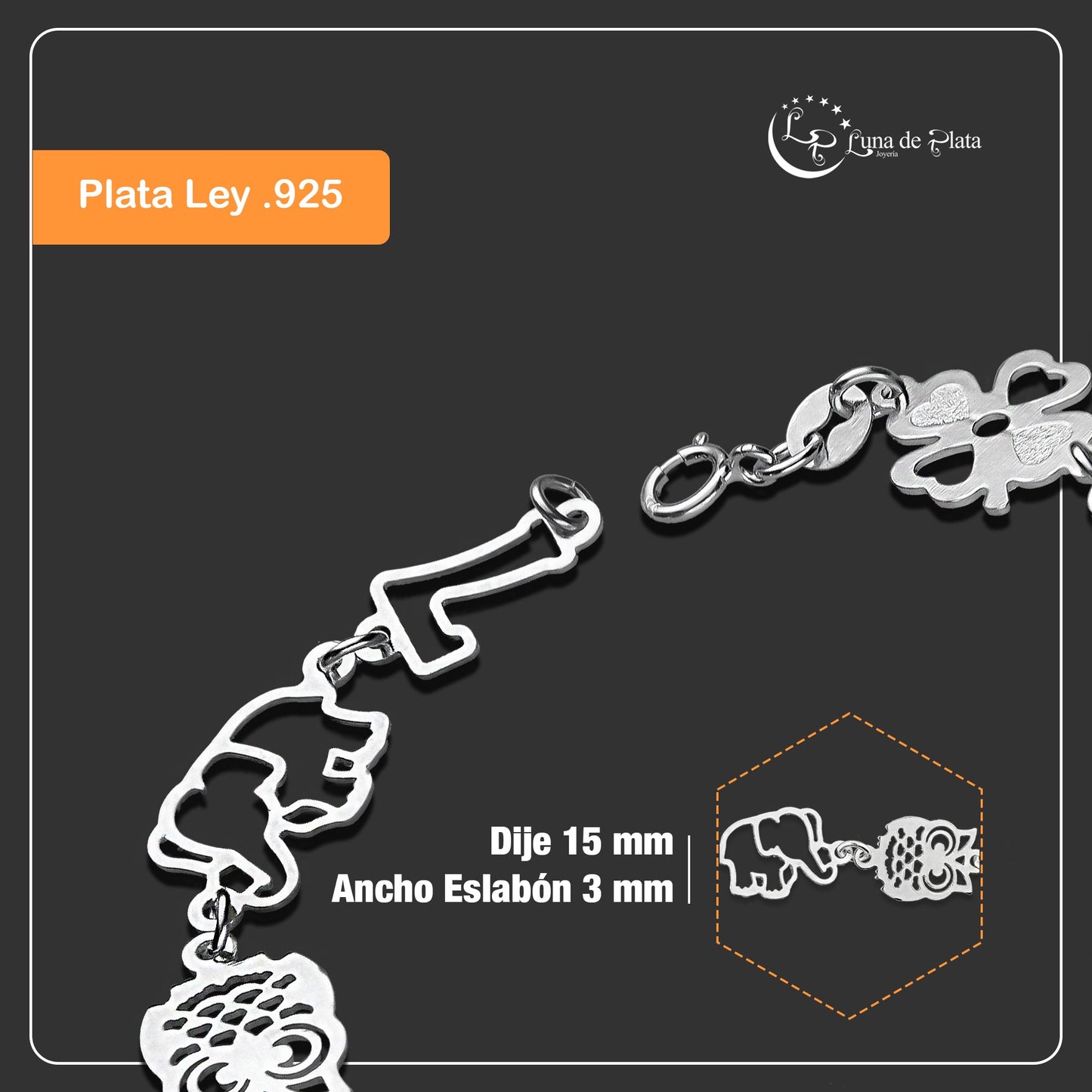 LPPD092 Pulsera Eslabones de la Suerte 18 cm en Plata Ley .925 2960366828
