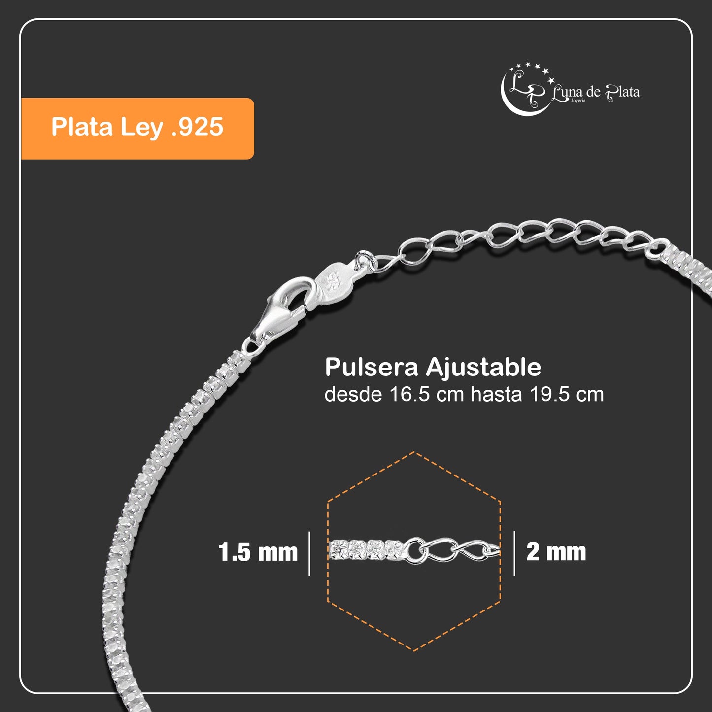 LPPD099 Pulsera Eslabones Zirconias Especial 1.5 mm Plata Fina .925 2059340209