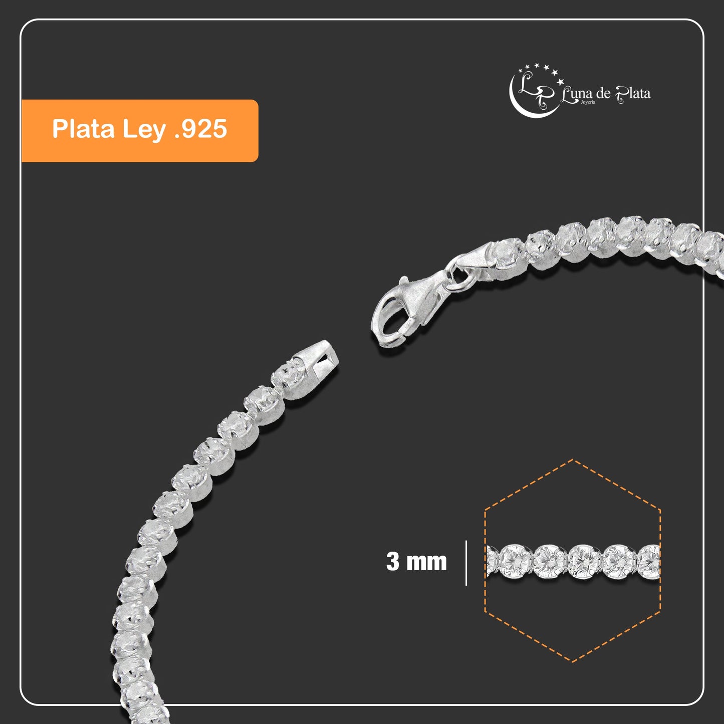 LPPD101 Pulsera Eslabones Zirconias Especial 3 mm Plata Fina .925 2059342449