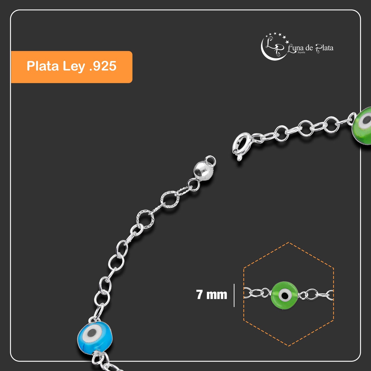 LPPD107 Pulsera Ojitos Multicolor Sin Bisel en Plata Fina .925 3073134012