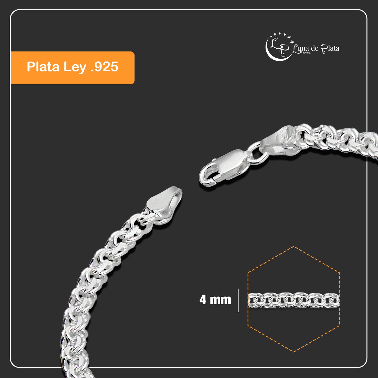 LPPD110 Pulsera Tejido Chino 4 mm x 15.5 cm en Plata Ley .925 3611557118