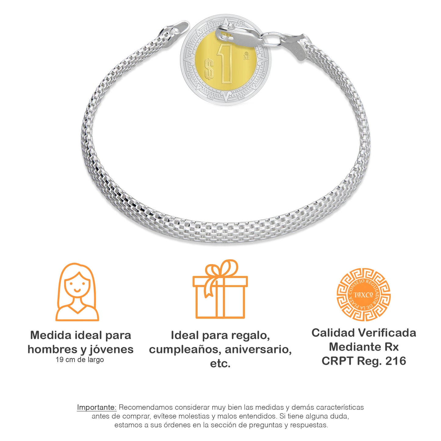 LPPD112 Pulsera Bizmark 5 mm x 19 cm en Plata Ley .925 3611423990