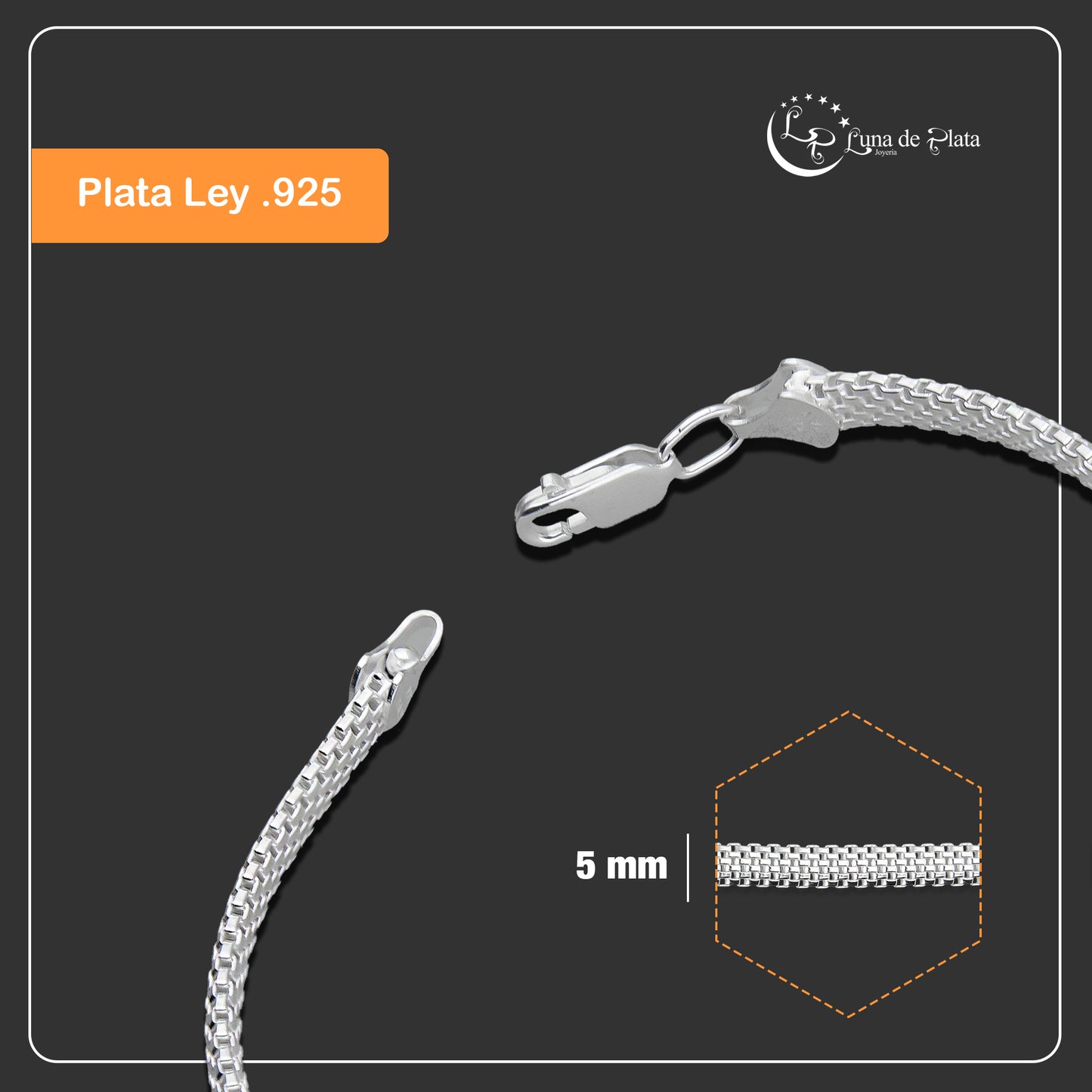 LPPD112 Pulsera Bizmark 5 mm x 19 cm en Plata Ley .925 3611423990