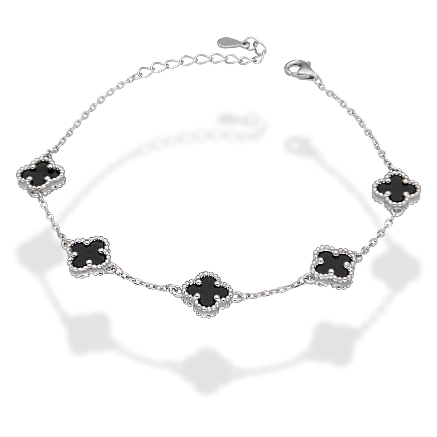 LPPD121 Pulsera Dama Mod 5 Trébol Negro 9 mm Ajustable de 17.5 cm a 21 cm en Plata .925