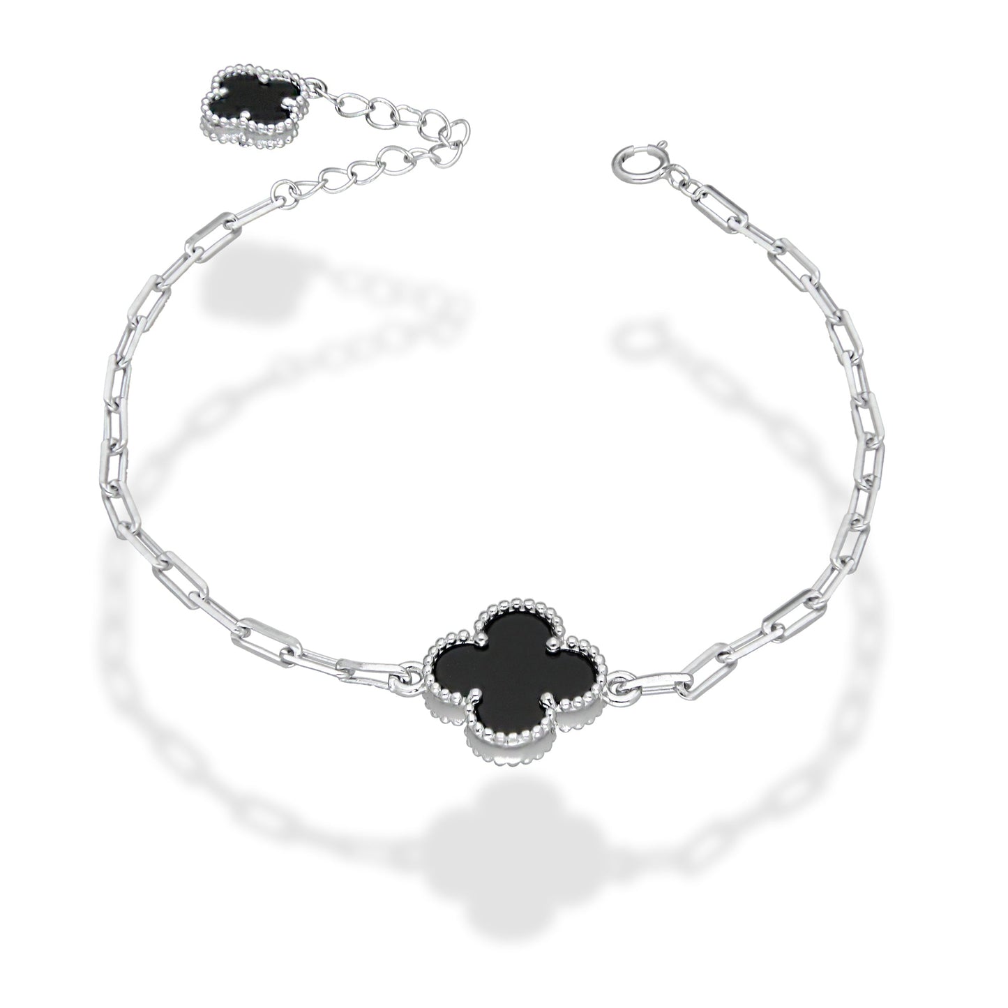 LPPD122 Pulsera Dama Mod 1 Trébol Negro + 1 Colgante Eslabón Milán Ajustable de 17 a 20 cm en Plata .925