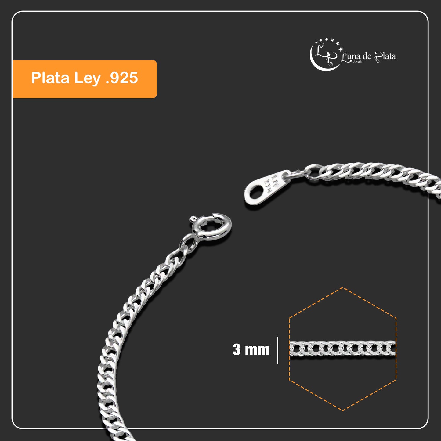 LPPN024-17 Pulsera Mod Doble Rombo 17 cm x 3 mm en Plata Ley .925 2126384523