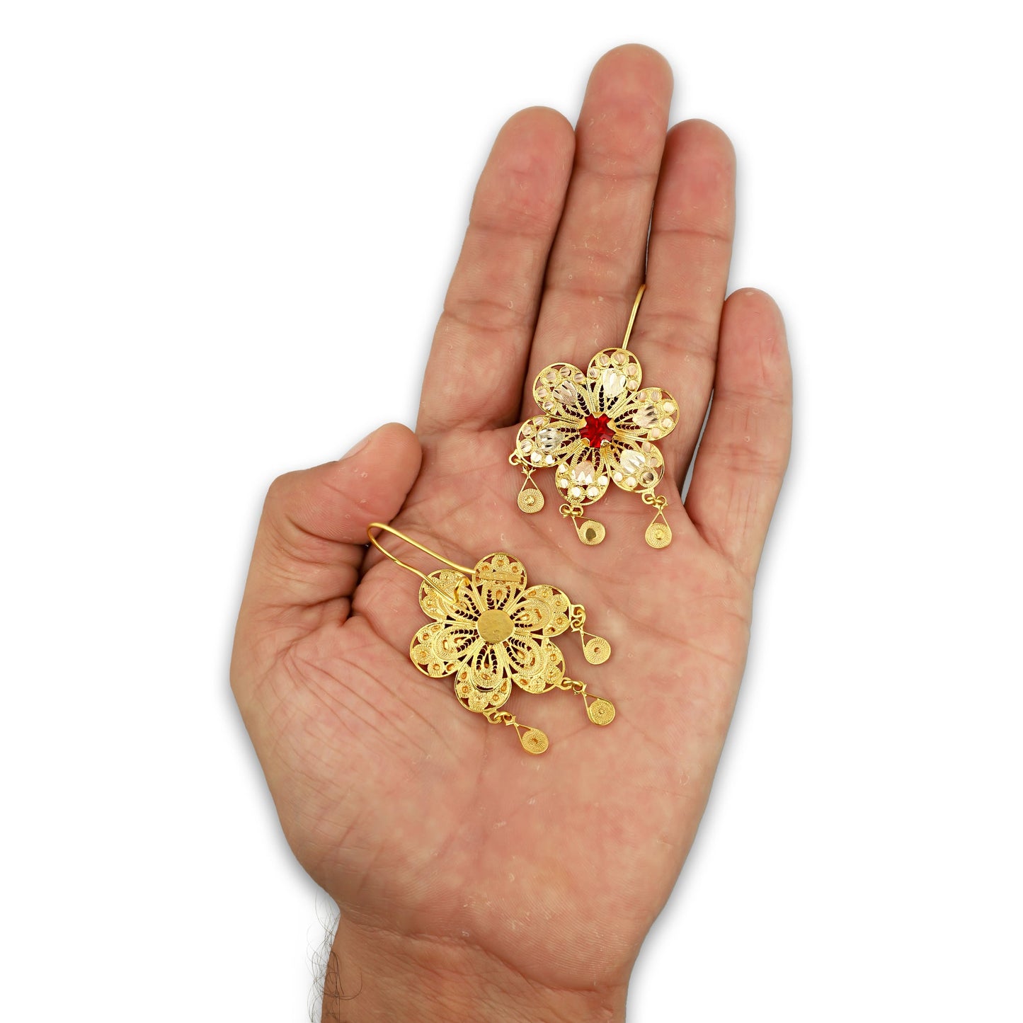 MR10AR042 Arete Arracada Oro Sólido 10K Modelo Estrella 6 Petalos 3 Círculos Colgantes Diámetro 5.8 cm