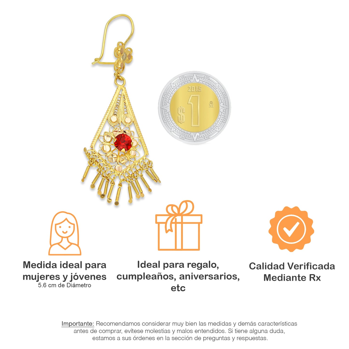 MR10AR046 Arete Arracada Oro Sólido 10K Modelo Romboide con Piedra Roja Diámetro 5.6 cm