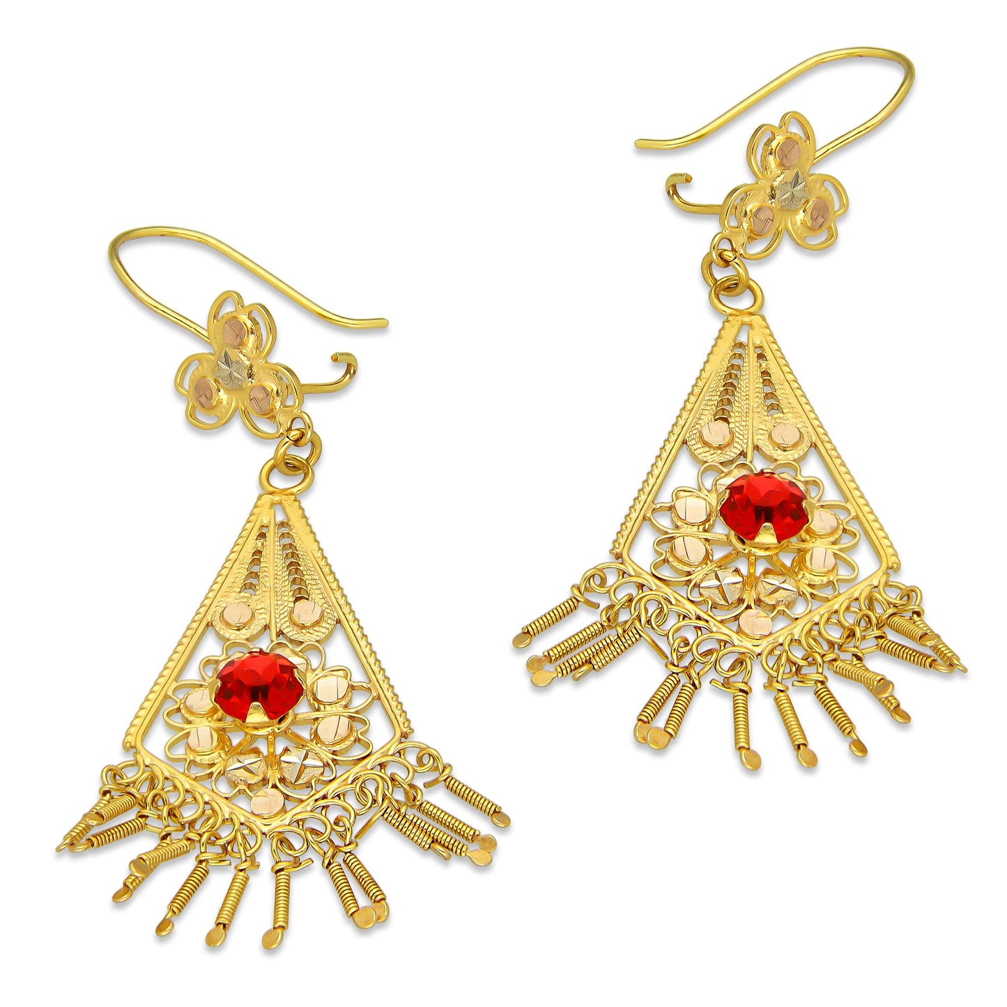 MR10AR046 Arete Arracada Oro Sólido 10K Modelo Romboide con Piedra Roja Diámetro 5.6 cm
