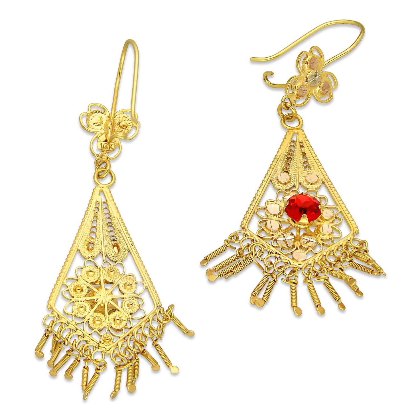 MR10AR046 Arete Arracada Oro Sólido 10K Modelo Romboide con Piedra Roja Diámetro 5.6 cm