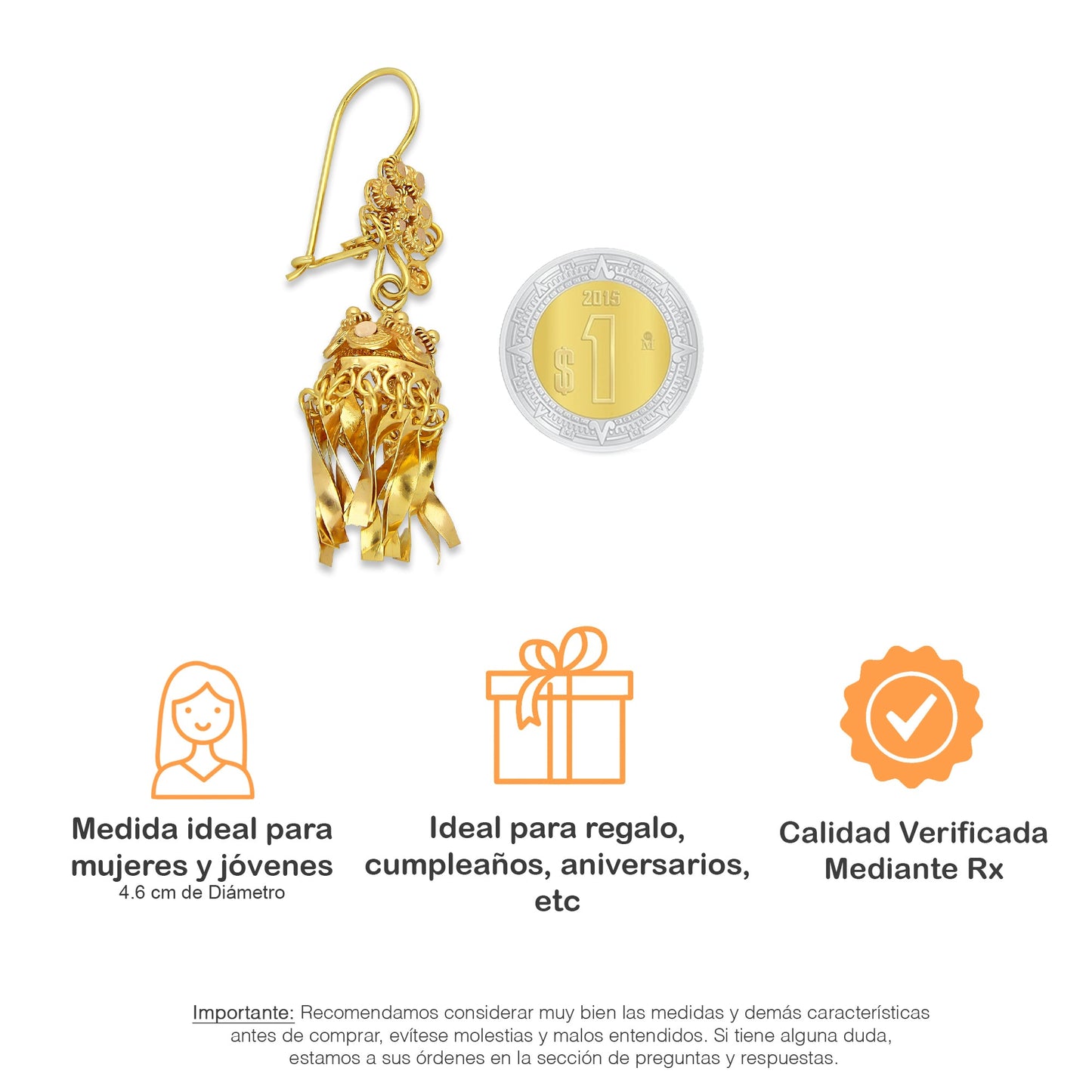 MR10AR047 Arete Arracada Oro Sólido 10K Modelo Flor Campanita Colgante Diámetro 4.6 cm