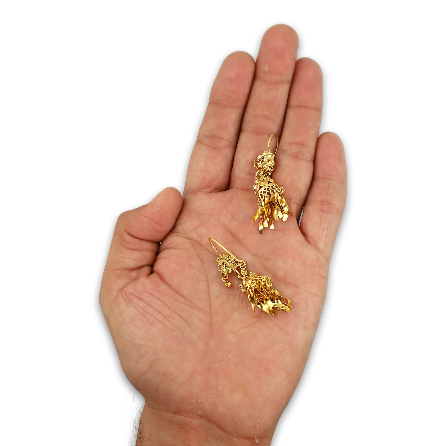 MR10AR047 Arete Arracada Oro Sólido 10K Modelo Flor Campanita Colgante Diámetro 4.6 cm