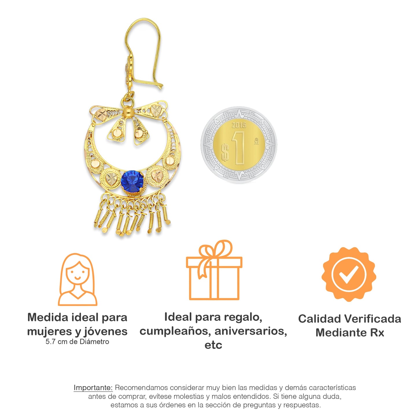 MR10AR050 Arete Arracada Oro Sólido 10K Modelo Canasta con Moño Piedra Azul Diámetro 5.7 cm