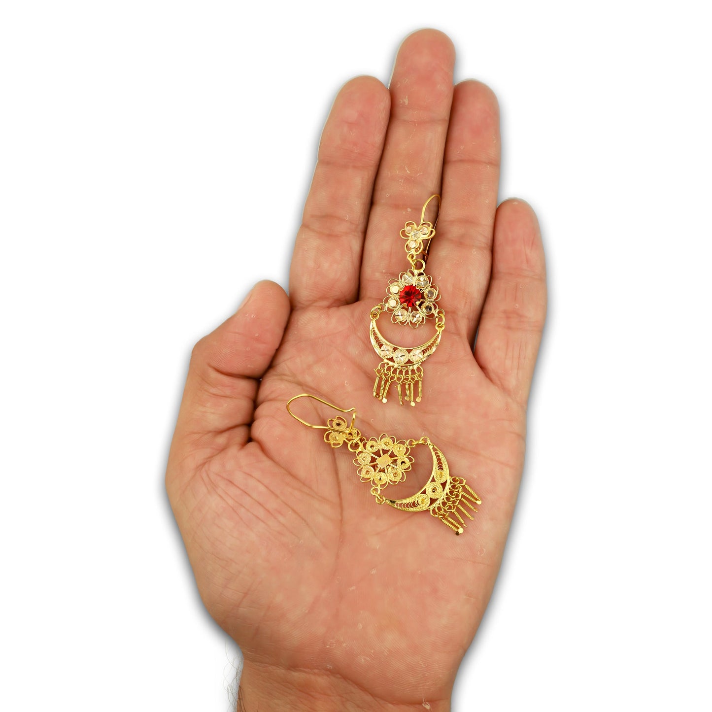 MR10AR053 Arete Arracada Oro Sólido 10K Modelo Media Luna con Barras Colgantes Pequeño Diámetro 6.1 cm