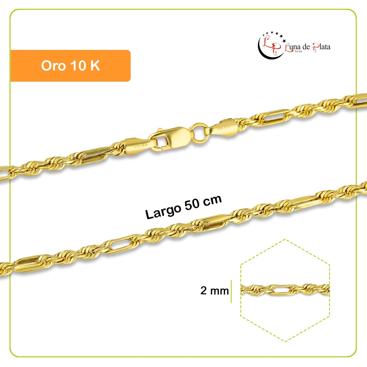 MR10CU026-50 Cadena Oro Sólido 10K EMF10 Modelo Torsal Figaro 2 mm x 50 cm
