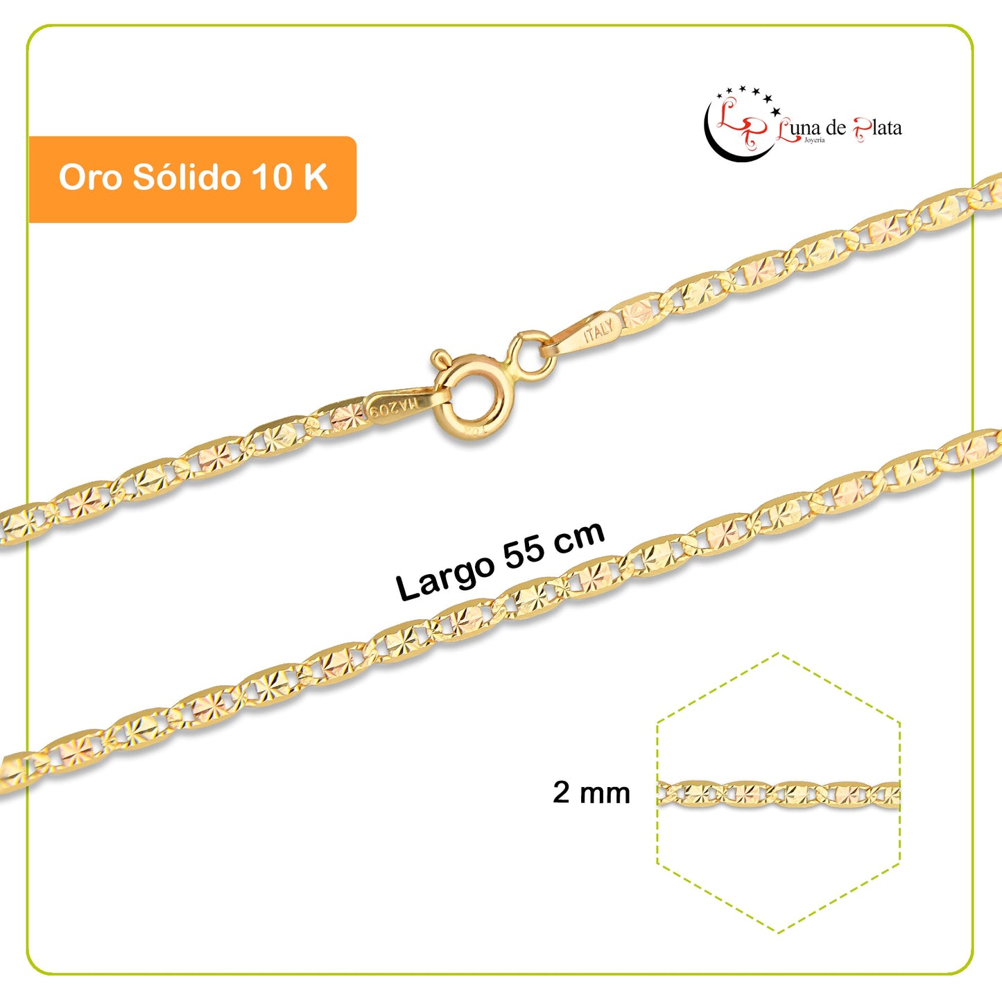 MR10CU031-55 Cadena Oro Sólido 10K Ancla Plana Diamantado Estrella Florentino 2 mm x 55 cm