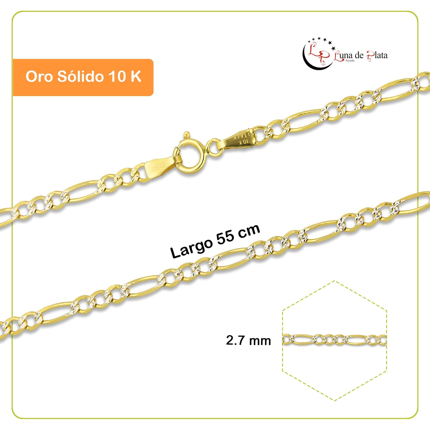 MR10CU033-55 Cadena Oro Sólido 10K Fígaro 3*1 Diamantada 2.7 mm x 55 cm