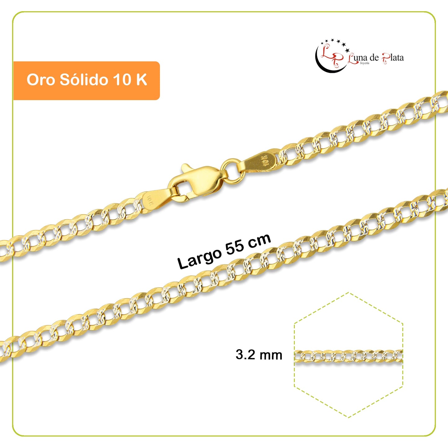 MR10CU034-55 Cadena Oro Sólido 10K Cubana Americana Diamantada 3.2 mm x 55 cm