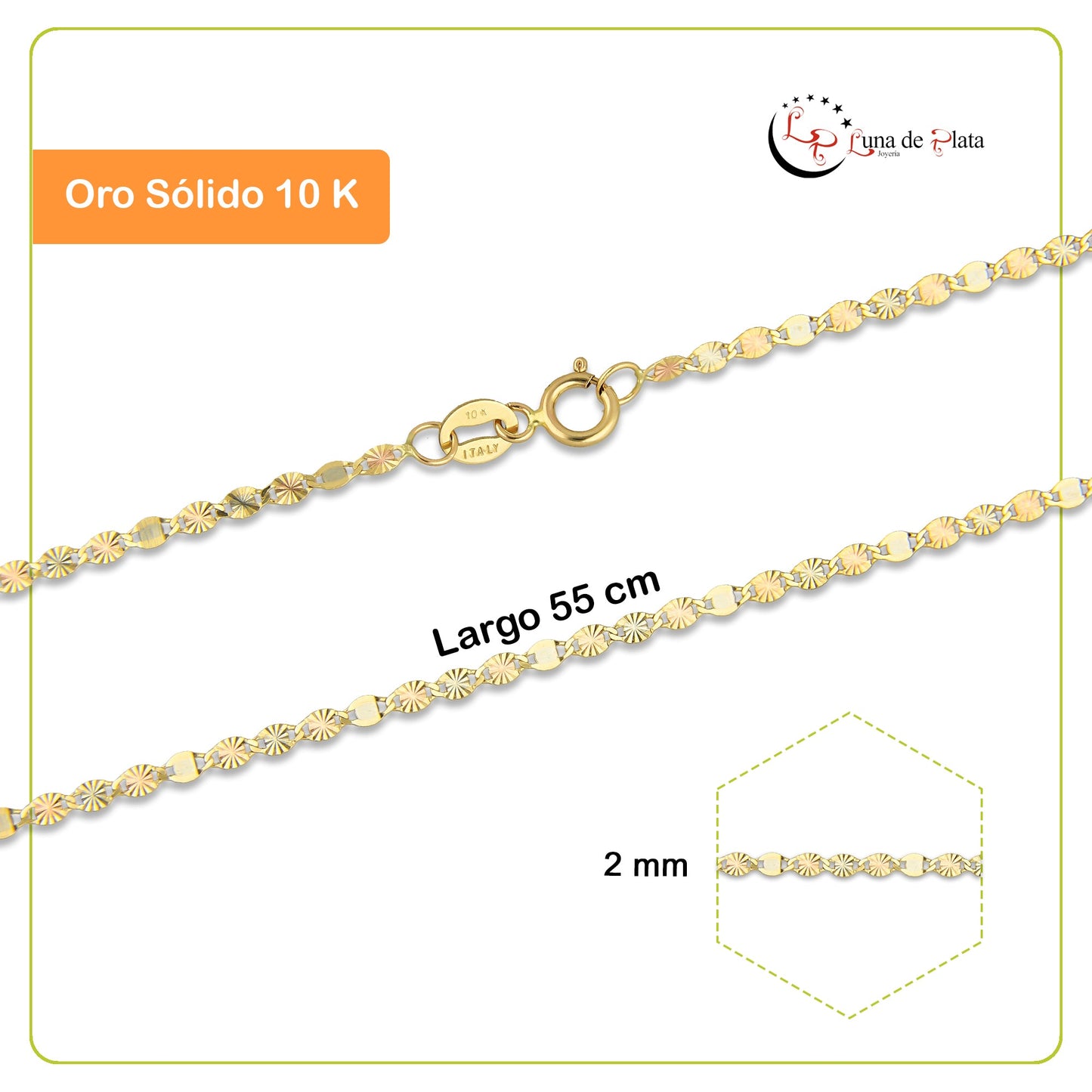 MR10CU037-55 Cadena Oro Sólido 10K Ancla Óvalo Diamantada Florentino 2 mm x 55 cm