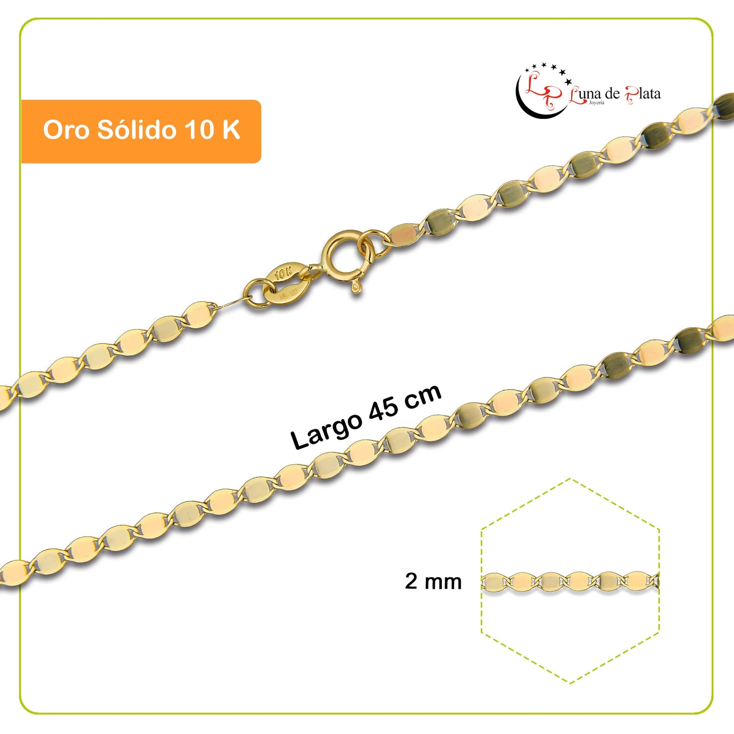 MR10CU040-45 Cadena Oro Sólido 10K Espejo 2 mm x 45 cm